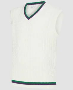 Wimbledon Sweatshirts*Mens Core Sleeveless Cable Knit - White