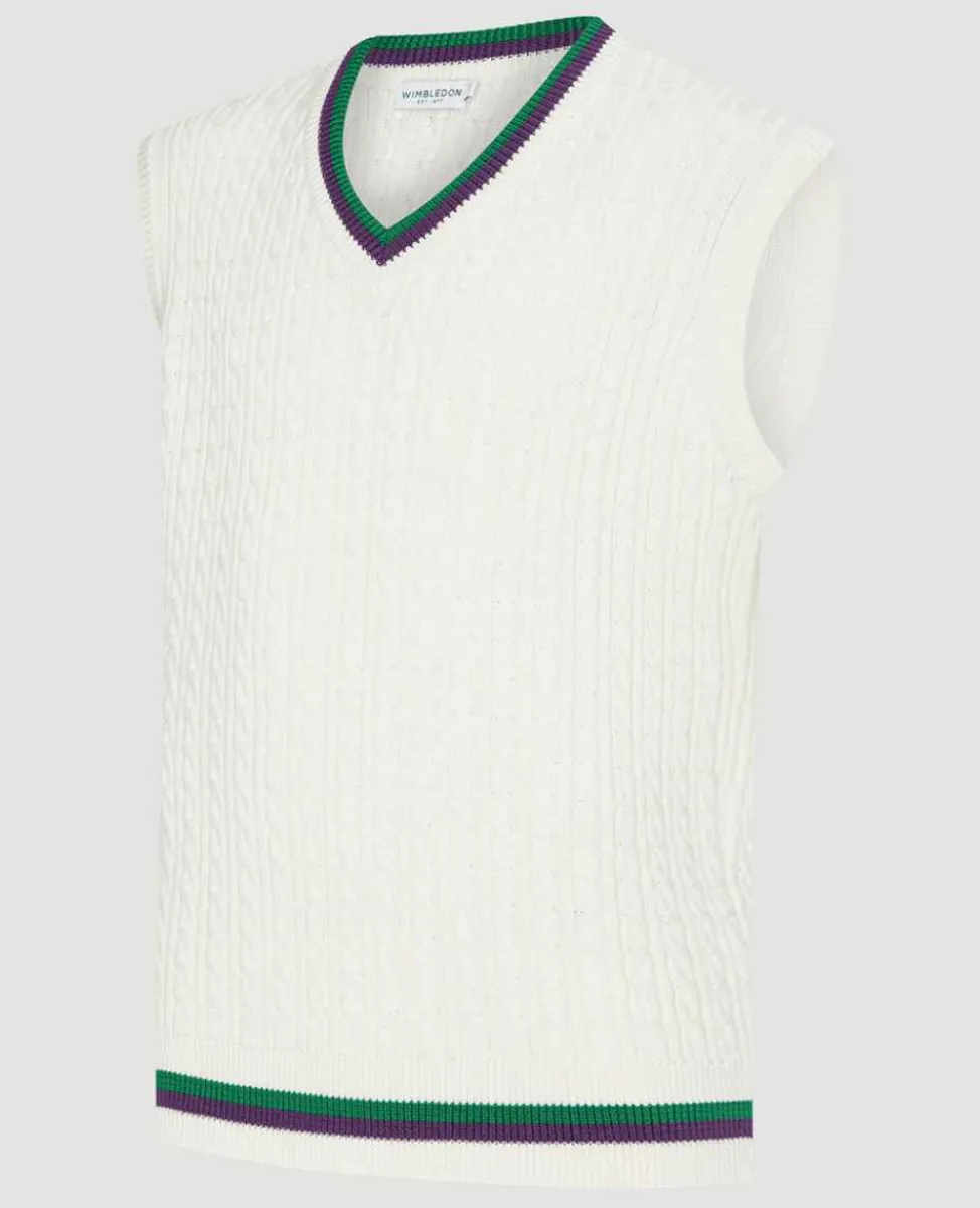Wimbledon Sweatshirts*Mens Core Sleeveless Cable Knit - White