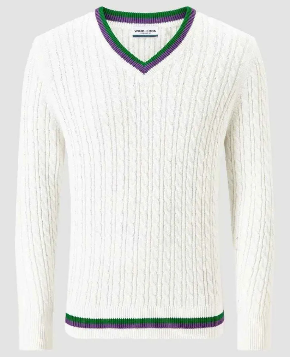 Wimbledon Sweatshirts*Men's Long Sleeve Cable Knit - White
