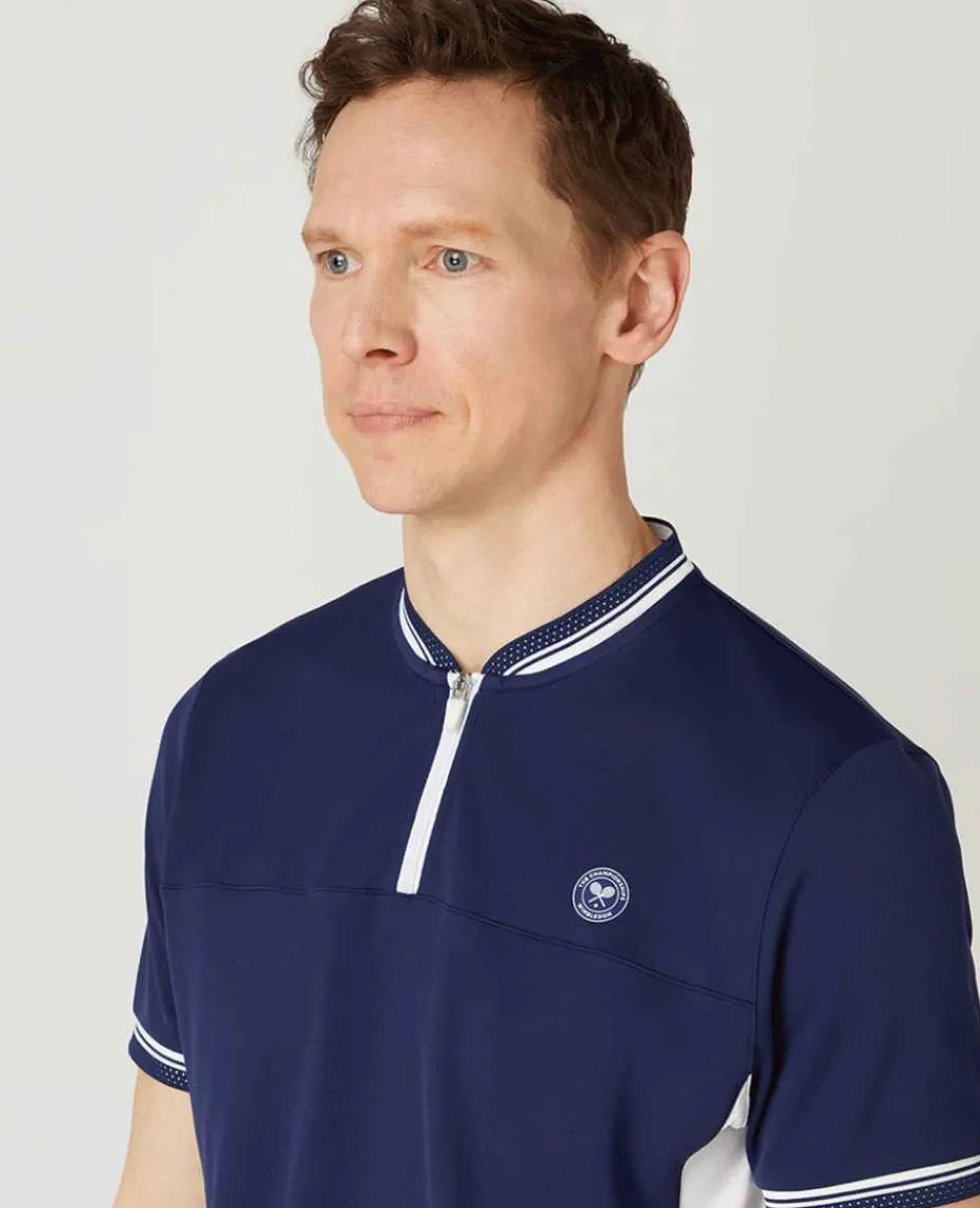 Wimbledon Polo Shirts*Mens Zip Neck Polo Navy & White